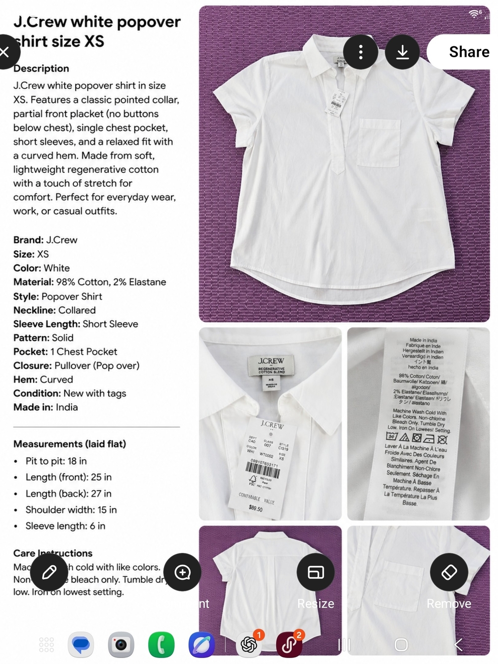J. Crew White Short-Sleeve Popover Shirt